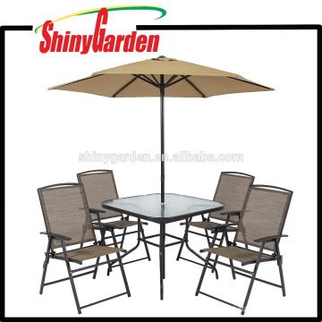 Outdoor Patio Möbel Dining Set 6 Stück mit Sonnenschirm / Sonnenschirm, Glasplatte Esstisch Set, Esstisch Set 4 Stühle